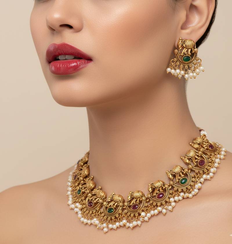 Antique gold plated temple choker set – ruby emerald elephant motif necklace with pearls for wedding & festivals
