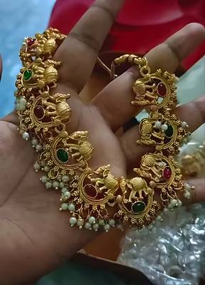 Antique gold plated temple choker set     ruby emerald elephant motif Necklace :: with pearls for wedding & festivals 3