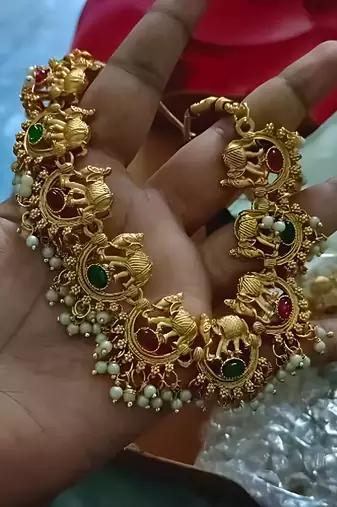 Antique gold plated temple choker set     ruby emerald elephant motif Necklace :: with pearls for wedding & festivals