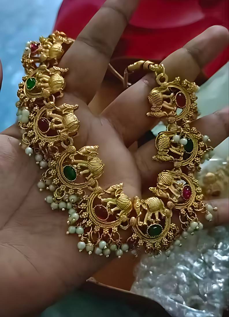 Antique gold plated temple choker set – ruby emerald elephant motif necklace with pearls for wedding & festivals