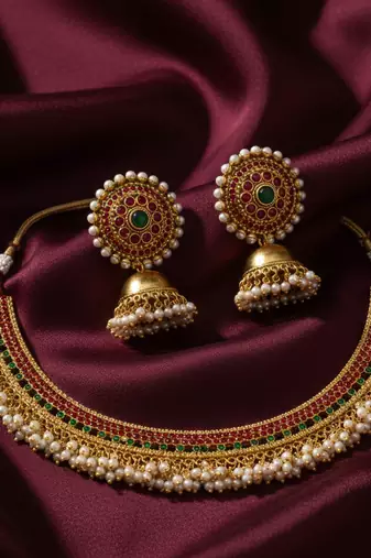 Gold plated kemp choker necklace set with jhumka earrings temple jewelry for weddings