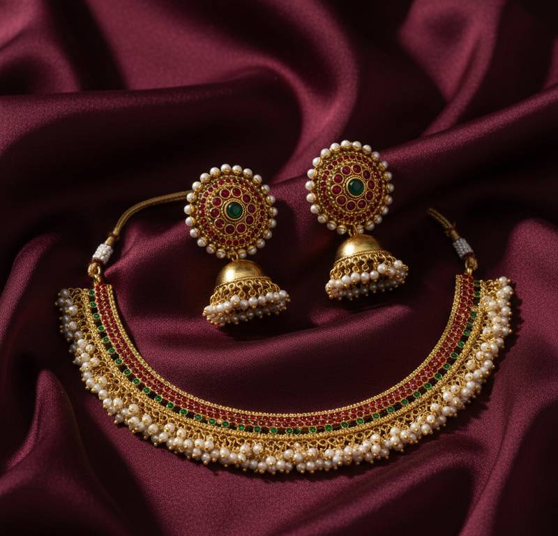 Gold plated kemp choker necklace set with jhumka earrings temple jewelry for weddings