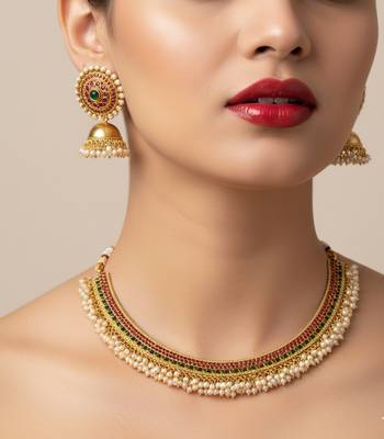 Gold plated kemp choker Necklace :: set with jhumka earrings temple jewelry for weddings 2