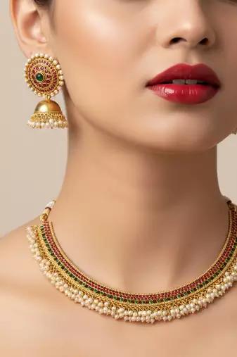Gold plated kemp choker Necklace :: set with jhumka earrings temple jewelry for weddings