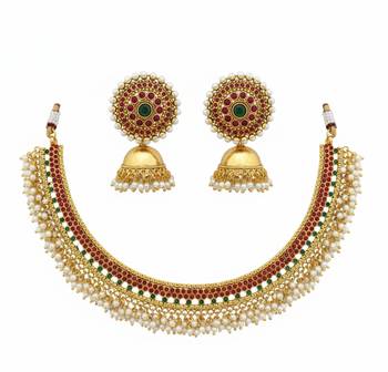 Gold plated kemp choker Necklace :: set with jhumka earrings temple jewelry for weddings 3