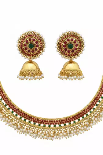 Gold plated kemp choker Necklace :: set with jhumka earrings temple jewelry for weddings