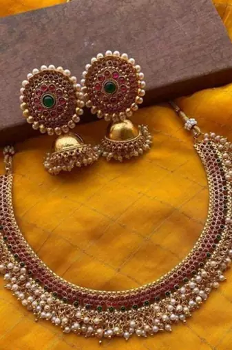 Gold plated kemp choker Necklace :: set with jhumka earrings temple jewelry for weddings