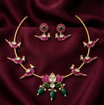 Gold plated meenakari parrot & lotus hasli Necklace :: set | ethnic  indian jewelry 1