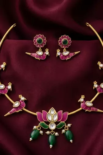 Gold plated meenakari parrot & lotus hasli necklace set | ethnic  indian jewelry