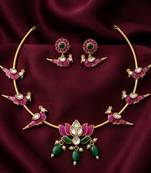 Gold plated meenakari parrot & lotus hasli necklace set | ethnic  indian jewelry