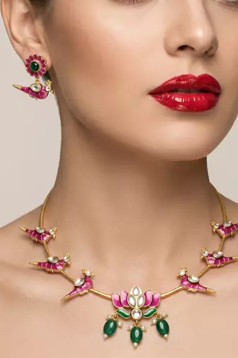 Gold plated meenakari parrot & lotus hasli Necklace :: set | ethnic  indian jewelry