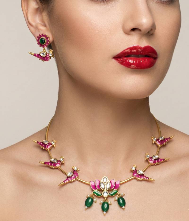 Gold plated meenakari parrot & lotus hasli necklace set | ethnic  indian jewelry