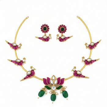 Gold plated meenakari parrot & lotus hasli Necklace :: set | ethnic  indian jewelry 3