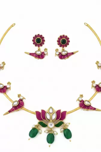 Gold plated meenakari parrot & lotus hasli Necklace :: set | ethnic  indian jewelry