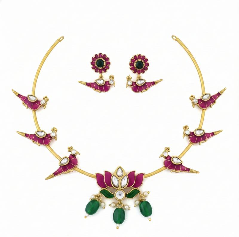 Gold plated meenakari parrot & lotus hasli necklace set | ethnic  indian jewelry