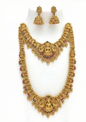 Traditional gold plated lakshmi temple jewelry set     bridal long haram & choker combo for weddings 1