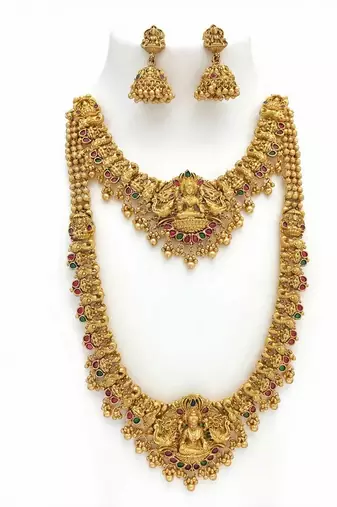 Traditional gold plated lakshmi temple jewelry set – bridal long haram & choker combo for weddings