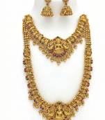 Traditional gold plated lakshmi temple jewelry set – bridal long haram & choker combo for weddings