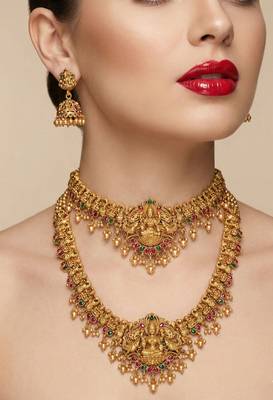 Traditional gold plated lakshmi temple jewelry set     bridal long haram & choker combo for weddings 2