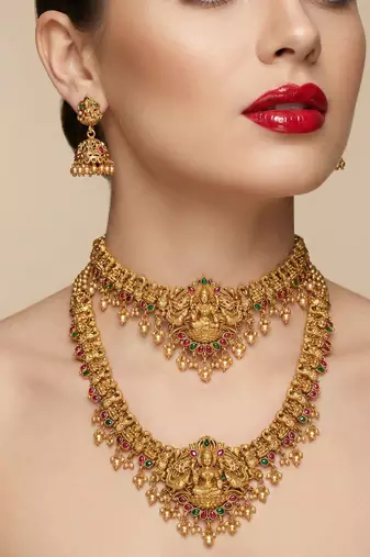 Traditional gold plated lakshmi temple jewelry set     bridal long haram & choker combo for weddings