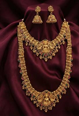 Traditional gold plated lakshmi temple jewelry set     bridal long haram & choker combo for weddings 3
