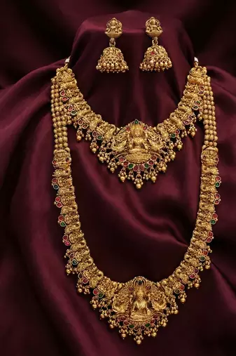Traditional gold plated lakshmi temple jewelry set     bridal long haram & choker combo for weddings
