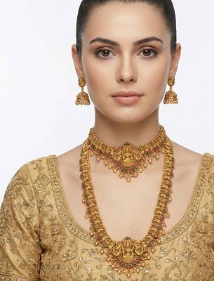 Traditional gold plated lakshmi temple jewelry set     bridal long haram & choker combo for weddings 4