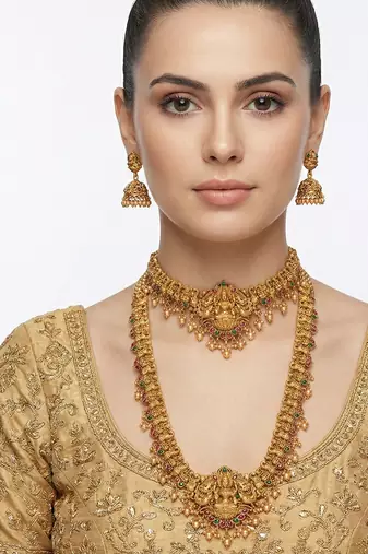 Traditional gold plated lakshmi temple jewelry set     bridal long haram & choker combo for weddings