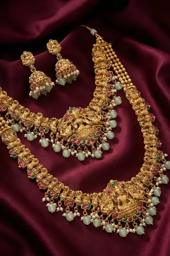 Traditional gold plated lakshmi temple jewelry set – bridal long haram & choker combo for weddings