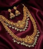Traditional gold plated lakshmi temple jewelry set – bridal long haram & choker combo for weddings