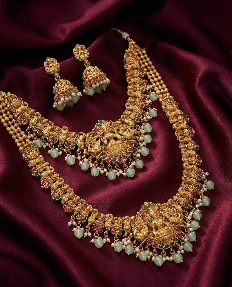 Traditional gold plated lakshmi temple jewelry set – bridal long haram & choker combo for weddings