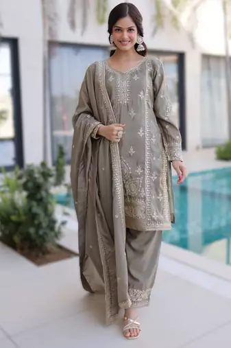 chiku readymade ho silk zari & thread embroidered top pant with dupatta set 