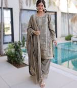 chiku readymade ho silk zari & thread embroidered top pant with dupatta set 