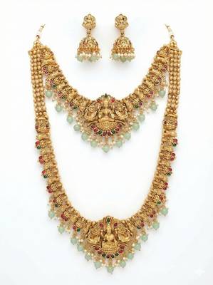 Traditional gold plated lakshmi temple jewelry set     bridal long haram & choker combo for weddings 2