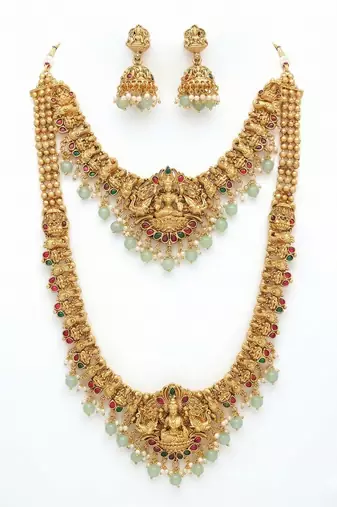 Traditional gold plated lakshmi temple jewelry set     bridal long haram & choker combo for weddings