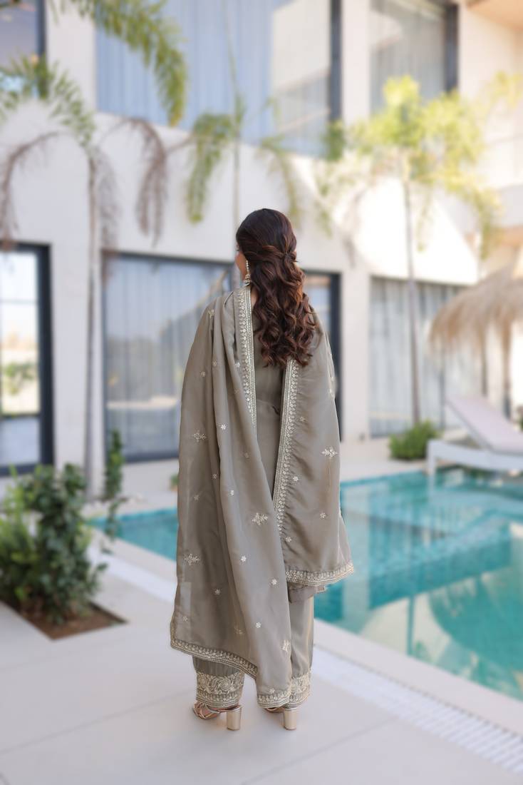 chiku readymade ho silk zari & thread embroidered top pant with dupatta set 