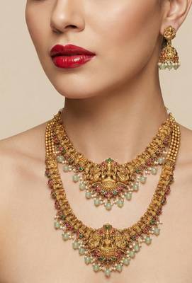 Traditional gold plated lakshmi temple jewelry set     bridal long haram & choker combo for weddings 3