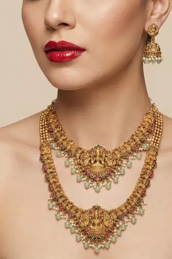 Traditional gold plated lakshmi temple jewelry set     bridal long haram & choker combo for weddings