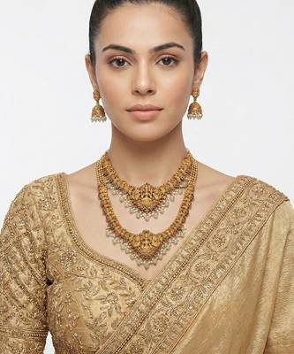 Traditional gold plated lakshmi temple jewelry set     bridal long haram & choker combo for weddings 4