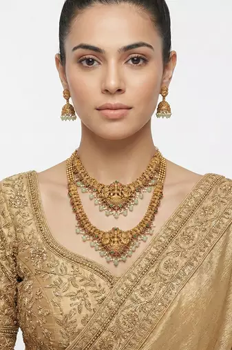 Traditional gold plated lakshmi temple jewelry set     bridal long haram & choker combo for weddings