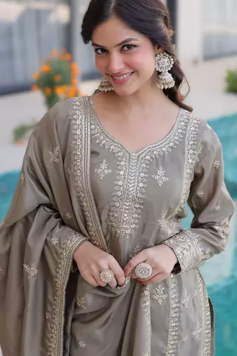 chiku readymade ho silk zari & thread embroidered top pant with dupatta set 