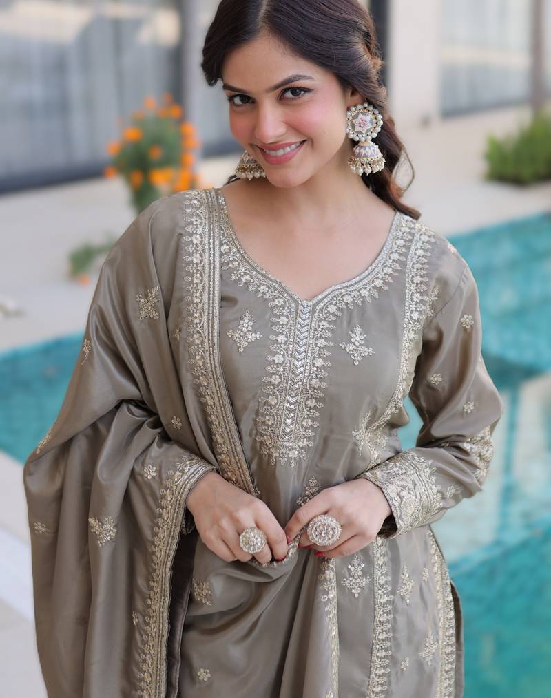 chiku readymade ho silk zari & thread embroidered top pant with dupatta set 