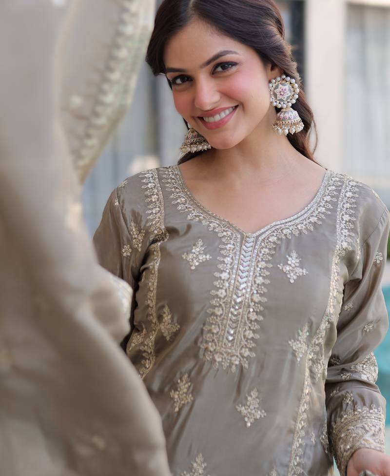 chiku readymade ho silk zari & thread embroidered top pant with dupatta set 