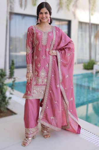 pink readymade ho silk zari & thread embroidered top pant with dupatta set