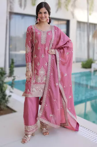 pink readymade ho silk zari & thread embroidered top pant with dupatta set