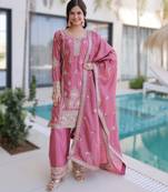 pink readymade ho silk zari & thread embroidered top pant with dupatta set