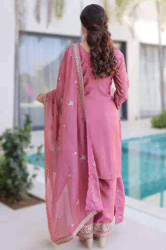 pink readymade ho silk zari & thread embroidered top pant with dupatta set