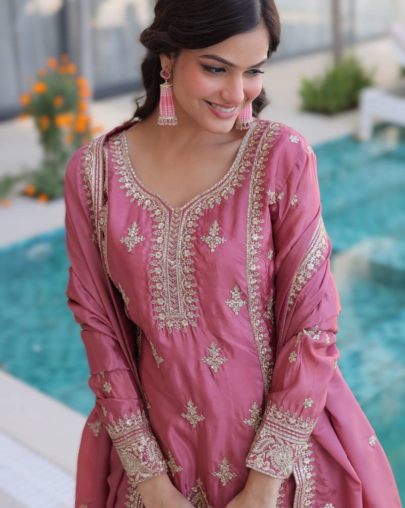 pink readymade ho silk zari & thread embroidered top pant with dupatta set