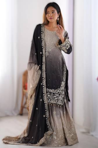 black chinon silk coding dori sequins work palazzo set with dupatta