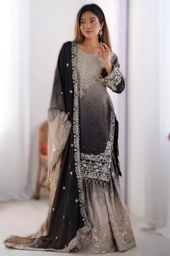black chinon silk coding dori sequins work palazzo set with dupatta